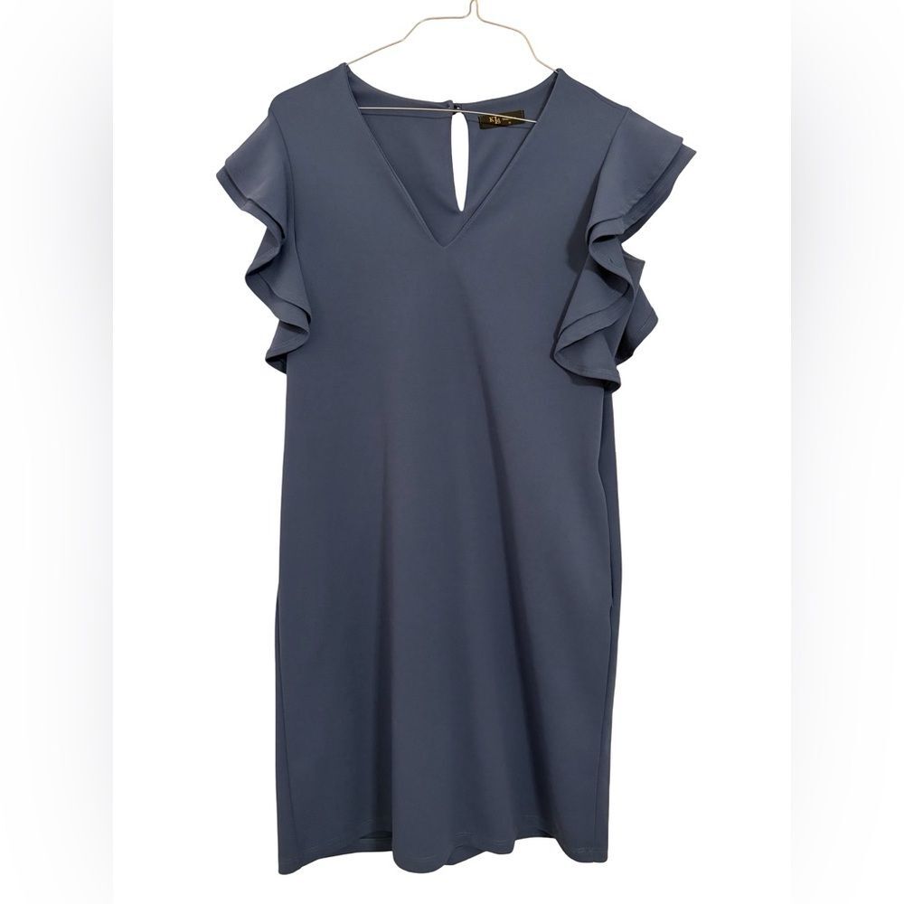 KLD Blue Ruffle Sleeve Dress Medium Made in USA Stretch